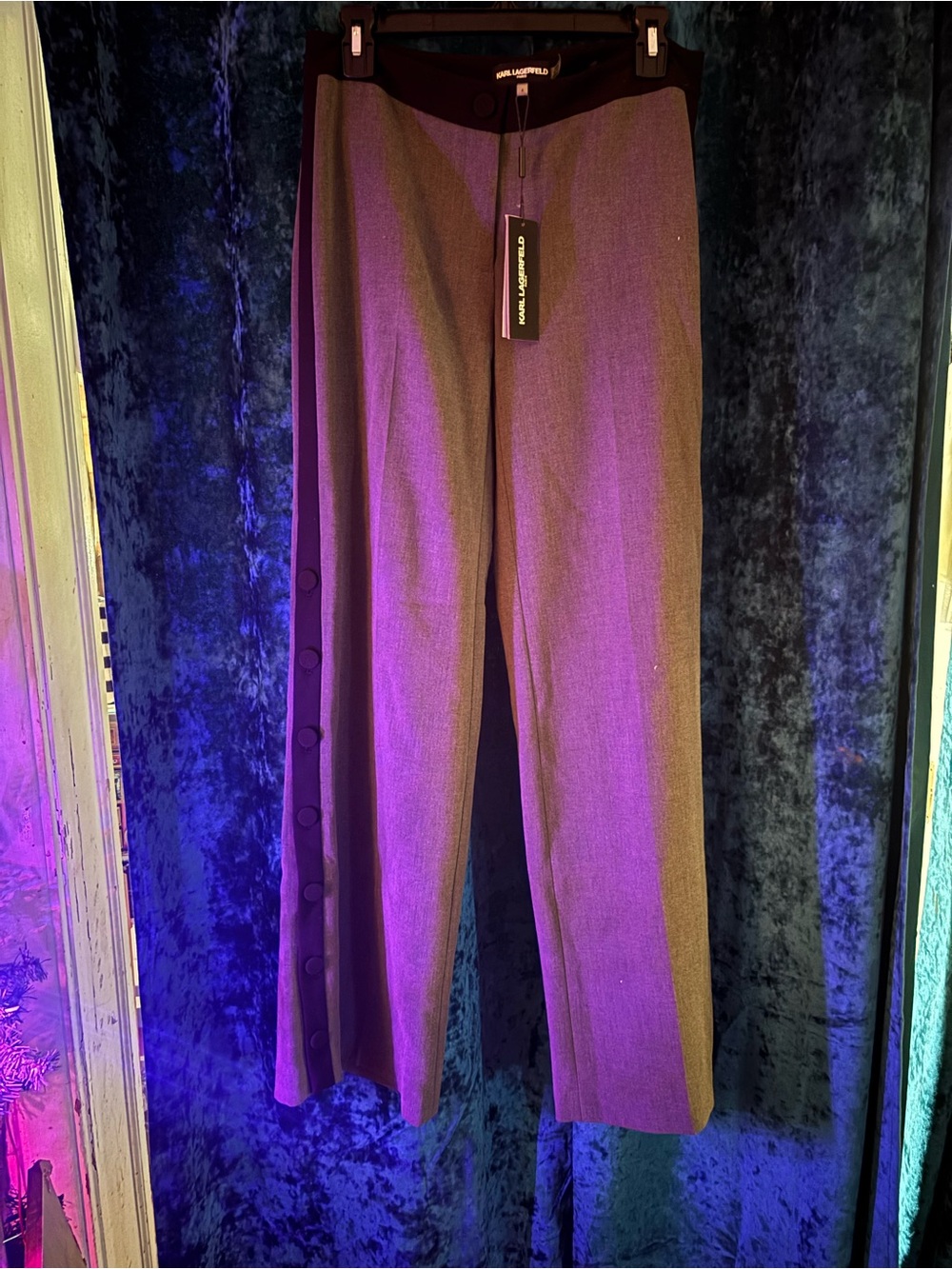 Karl Lagerfeld High-Waist Button-Trim Wide Leg Pants — gray